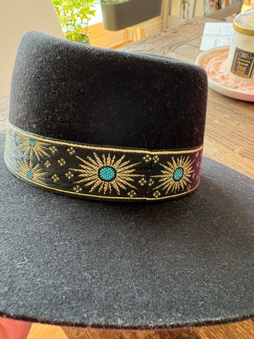Lack Of Color Black Wide Brim Fedora with Embroidered gold and Turquoise Band - Picture 8 of 12